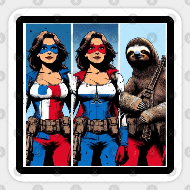 Francais: Female Gritty 80's Comic Book Hero with Sloth 1 Sticker by Woodpile